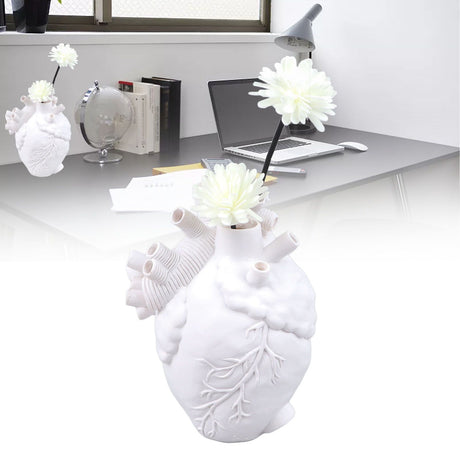 Creative Anatomical Heart Vases Resin Sculpture Heart Shaped Art Flower Vases Desktop Home Decoration for Living Room White