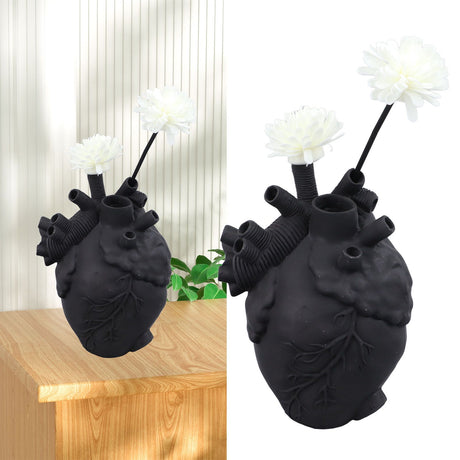 Creative Anatomical Heart Vases Resin Sculpture Heart Shaped Art Flower Vases Desktop Home Decoration for Living Room Black
