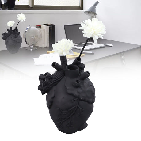 Creative Anatomical Heart Vases Resin Sculpture Heart Shaped Art Flower Vases Desktop Home Decoration for Living Room Black