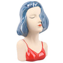 Girl Face Vase Modern Decorative Sculpture Ceramic Head Flower Vase for Living Room Bedroom Office Blue