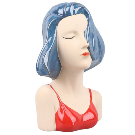 Girl Face Vase Modern Decorative Sculpture Ceramic Head Flower Vase for Living Room Bedroom Office Blue