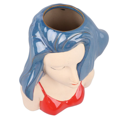 Girl Face Vase Modern Decorative Sculpture Ceramic Head Flower Vase for Living Room Bedroom Office Blue