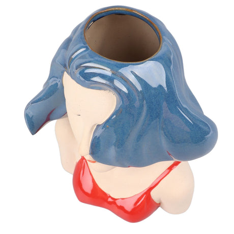Girl Face Vase Modern Decorative Sculpture Ceramic Head Flower Vase for Living Room Bedroom Office Blue