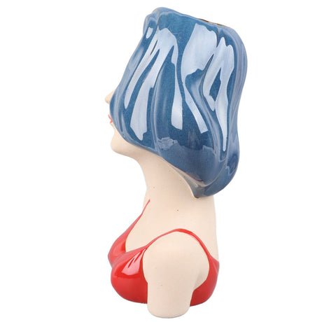 Girl Face Vase Modern Decorative Sculpture Ceramic Head Flower Vase for Living Room Bedroom Office Blue