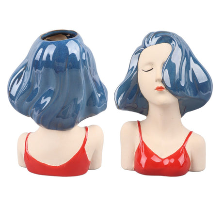 Girl Face Vase Modern Decorative Sculpture Ceramic Head Flower Vase for Living Room Bedroom Office Blue