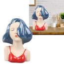 Girl Face Vase Modern Decorative Sculpture Ceramic Head Flower Vase for Living Room Bedroom Office Blue