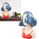 Girl Face Vase Modern Decorative Sculpture Ceramic Head Flower Vase for Living Room Bedroom Office Blue