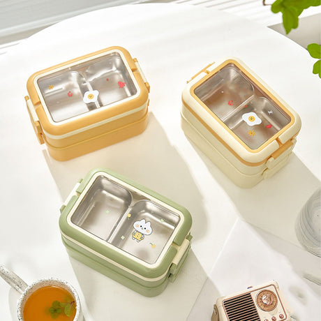 Stainless Steel Insulated Lunch Box Multiple Compartments Fashionable Safe Stainless Steel Bento Box for Students Kids Cream