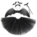 4Pcs Girls Halloween Cosplay Costume Dress Up Dress Black Mesh Skirt with Headband Bat Wing Wand Halloween Party Cosplay Props