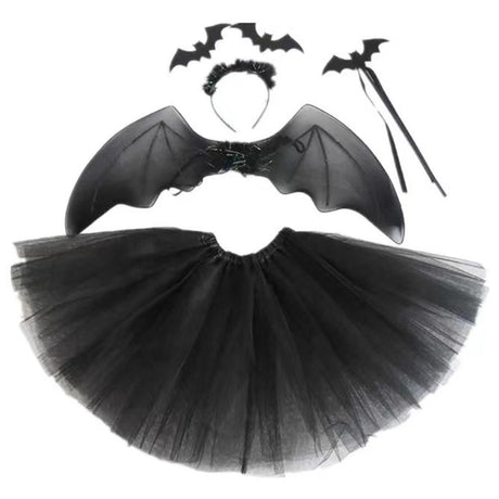 4Pcs Girls Halloween Cosplay Costume Dress Up Dress Black Mesh Skirt with Headband Bat Wing Wand Halloween Party Cosplay Props