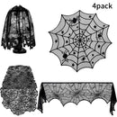 4PCS Halloween Tablecloth Bat Spider Webst Lace Cloth and Lamps Cover Halloween Decoration