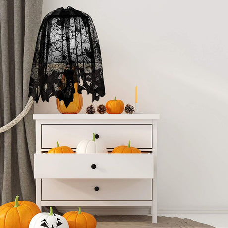 4PCS Halloween Tablecloth Bat Spider Webst Lace Cloth and Lamps Cover Halloween Decoration