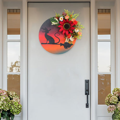 Halloween Moon Cat Wreath Door Hanging Decoration Artificial Flower Halloween Wreath