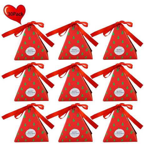 30PCS Xmas Candy Boxes Paper Xmas Tree Triangle Treat Gift Box with Ribbon for Holiday Presents Party Supplies Red