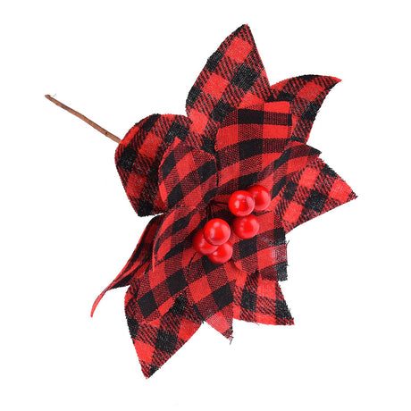 Plaid Poinsettias Xmas Tree Ornaments Artificial Xmas Flowers Poinsettia for Xmas Tree Garland Wedding Party Holiday Decoration Red Black