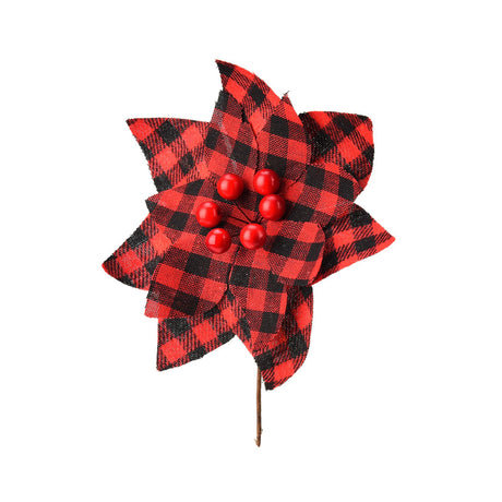 Plaid Poinsettias Xmas Tree Ornaments Artificial Xmas Flowers Poinsettia for Xmas Tree Garland Wedding Party Holiday Decoration Red Black