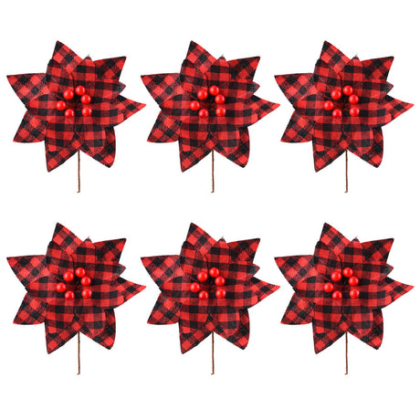Plaid Poinsettias Xmas Tree Ornaments Artificial Xmas Flowers Poinsettia for Xmas Tree Garland Wedding Party Holiday Decoration Red Black