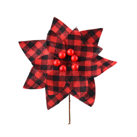 Plaid Poinsettias Xmas Tree Ornaments Artificial Xmas Flowers Poinsettia for Xmas Tree Garland Wedding Party Holiday Decoration Red Black