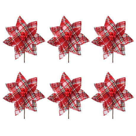 Plaid Poinsettias Xmas Tree Ornaments Artificial Xmas Flowers Poinsettia for Xmas Tree Garland Wedding Party Holiday Decoration Striped Red