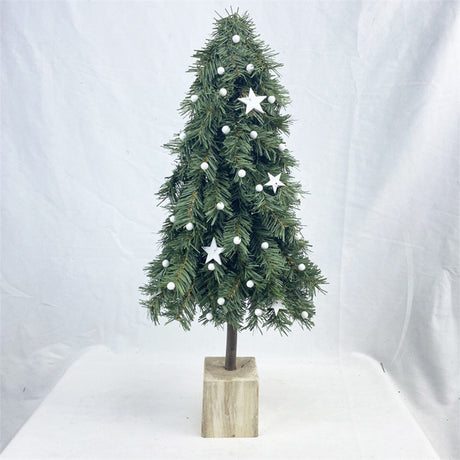 Simulated Greenery Artificial Xmas Tree for Home White Balls and Star Faux Pine Tree Decor with Decorative Wooden Base
