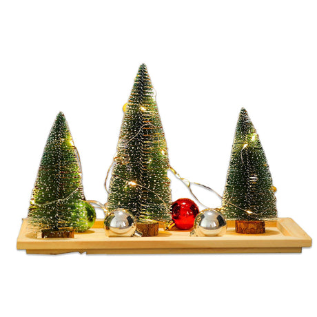 Light Up Artificial Xmas Trees Decoration Mini Xmas Tree Set with Wooden Base Tray for Party Home Table Craft Decor Green Require 2 AA Battery