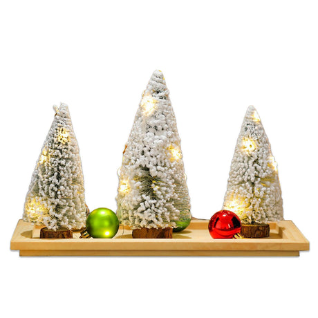Light Up Artificial Xmas Trees Mini Xmas Tree Set with Wooden Base Tray for Party Home Table Craft Decor White Snow Require 2 AA Battery