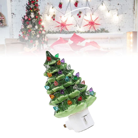 Xmas Tree Night Light Ceramic Decorative Plug in Tree Nightlight Xmas Decor for Bedside Tables Study Rooms Living Rooms Green