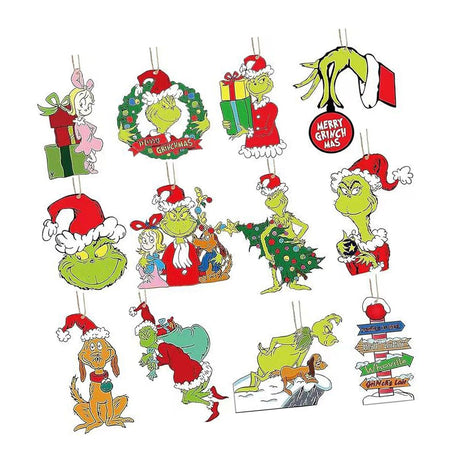 24pcs Xmas Tree Green Monster Ornaments Unique Handmade Wooden Green Monster Xmas Tree Decor for Window Wall