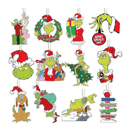 24pcs Xmas Tree Green Monster Ornaments Unique Handmade Wooden Green Monster Xmas Tree Decor for Window Wall