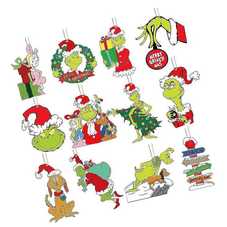 24pcs Xmas Tree Green Monster Ornaments Unique Handmade Wooden Green Monster Xmas Tree Decor for Window Wall