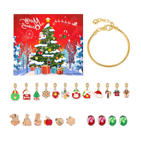 Xmas Advent Calendar Bracelets for Girls Xmas Countdown Calendar DIY Jewelry Making Kit Blind Box Charm Beads Pendants Bracelets for Kids Women Red Xmas Tree