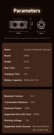 AWEI KA12 60W Outdoor Wireless Bluetooth Speaker,black
