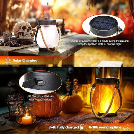 Outdoor Lanterns Flickering Flame Garden Lights with Dual Charging USB & Solar Outdoor Waterproof Hanging Lantern