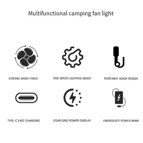 Portable Camping Fan with Light USB Charging Hanging Tent Light Black