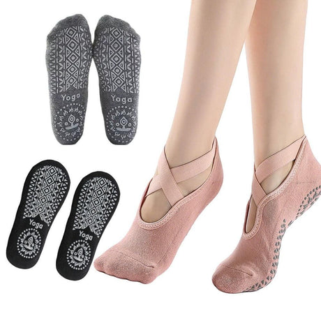 3 Pairs Cross Strap Round Toe Non-Slip Socks for Yoga Pilates and Barre
