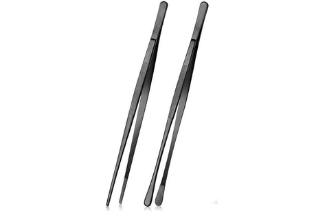 2 Pack 30cm BBQ Tongs Stainless Steel Round and Straight Head for Grilling Cooking - Black