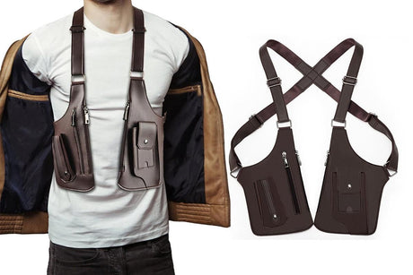 Outdoor Double Shoulder Armpit Bag with Multiple Pockets - Brown