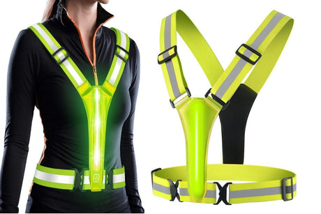LED Reflective Vest Running Gear USB Rechargeable LED Light Up Vest High Visibility with Adjustable Waist and Shoulde for Night Walking Cycling, High Visibility Running Vest with Reflective Strips -Green