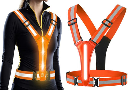 LED Reflective Vest Running Gear USB Rechargeable LED Light Up Vest High Visibility with Adjustable Waist and Shoulde for Night Walking Cycling, High Visibility Running Vest with Reflective Strips -Orange