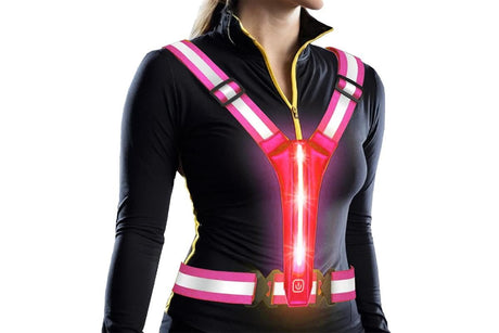 LED Reflective Vest Running Gear USB Rechargeable LED Light Up Vest High Visibility with Adjustable Waist and Shoulde for Night Walking Cycling, High Visibility Running Vest with Reflective Strips -Pink