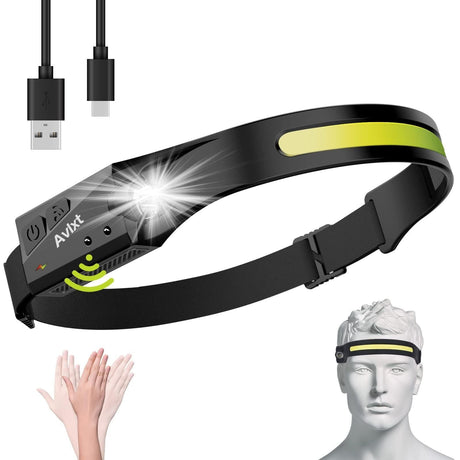 LED Headlamp Rechargeable Headlamp with Motion Sensor 4 Modes Outdoor Waterproof Flashlight for Camping, Hiking, Fishing