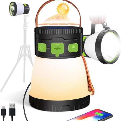 LED Solar Camping Light, 1500 Lumen Portable Flashlight, USB Rechargeable with 7 Lighting Modes & 7500mAh Battery, Outdoor Travel Camping Lantern