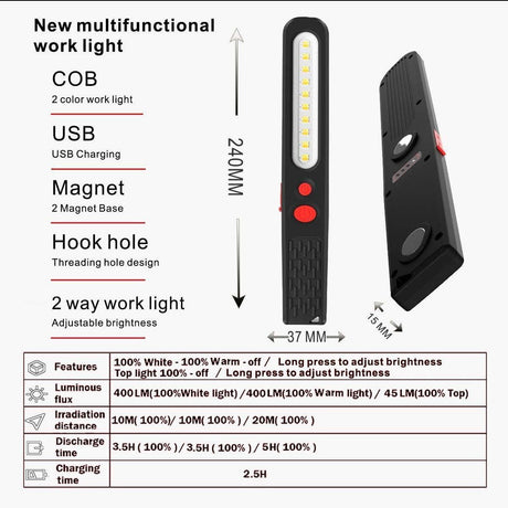 Rechargeable LED Work Light, Dual Color Combo Light 2 in 1 Inspection Light and 3W COB LED Torch Lam