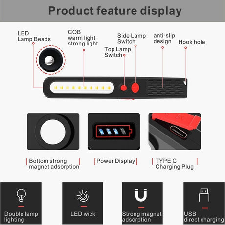Rechargeable LED Work Light, Dual Color Combo Light 2 in 1 Inspection Light and 3W COB LED Torch Lam