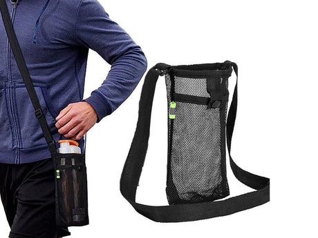 Water Bottle Mesh Carrier Bag Water Bottle Holder with Shoulder Strap Black