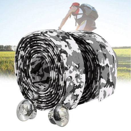 2pcs Bicycle Handlebar Anti-slip Grip Wrap Tape + 2 Bar Plugs Black+White