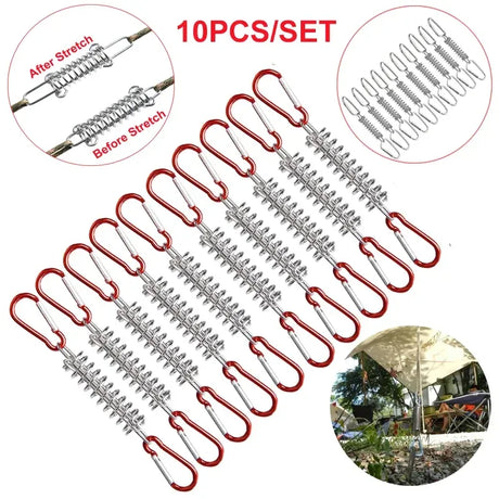 10Pcs Tent Wind Rope Spring Buckle Tent Tensioner Camping Deck Pegs Carabiner Clips Awning Tightener Fixed Hook