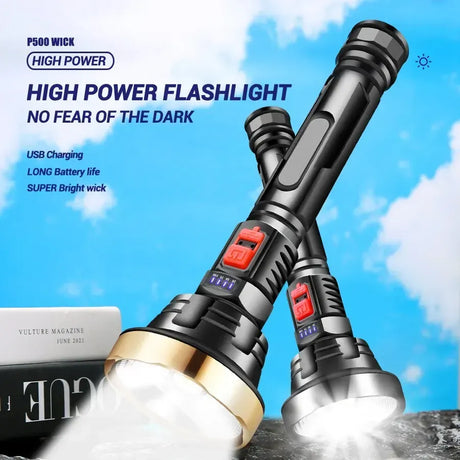 LED Flashlight USB Rechargeable Tactical Hunting Camping Lantern Built-in Battery Power Display - Gold
