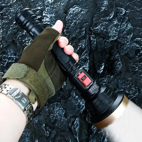 LED Flashlight USB Rechargeable Tactical Hunting Camping Lantern Built-in Battery Power Display - Gold
