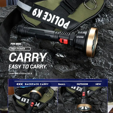 LED Flashlight USB Rechargeable Tactical Hunting Camping Lantern Built-in Battery Power Display - Gold